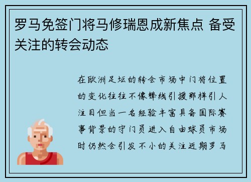 罗马免签门将马修瑞恩成新焦点 备受关注的转会动态