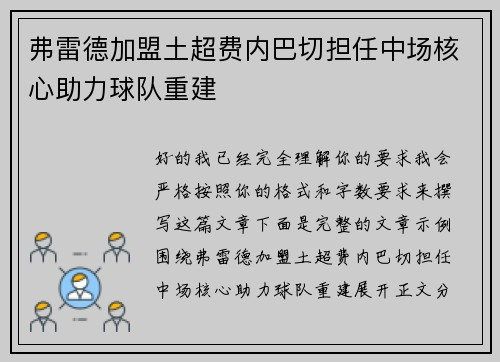 弗雷德加盟土超费内巴切担任中场核心助力球队重建